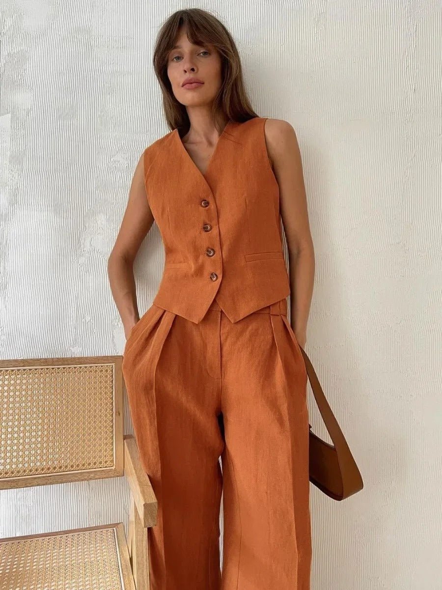 Freya Conjunto de Lino para Mujer – Chaleco y Pantalón Palazzo Verano Chic