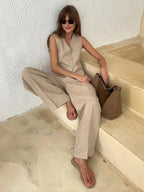 Freya Conjunto de Lino para Mujer – Chaleco y Pantalón Palazzo Verano Chic