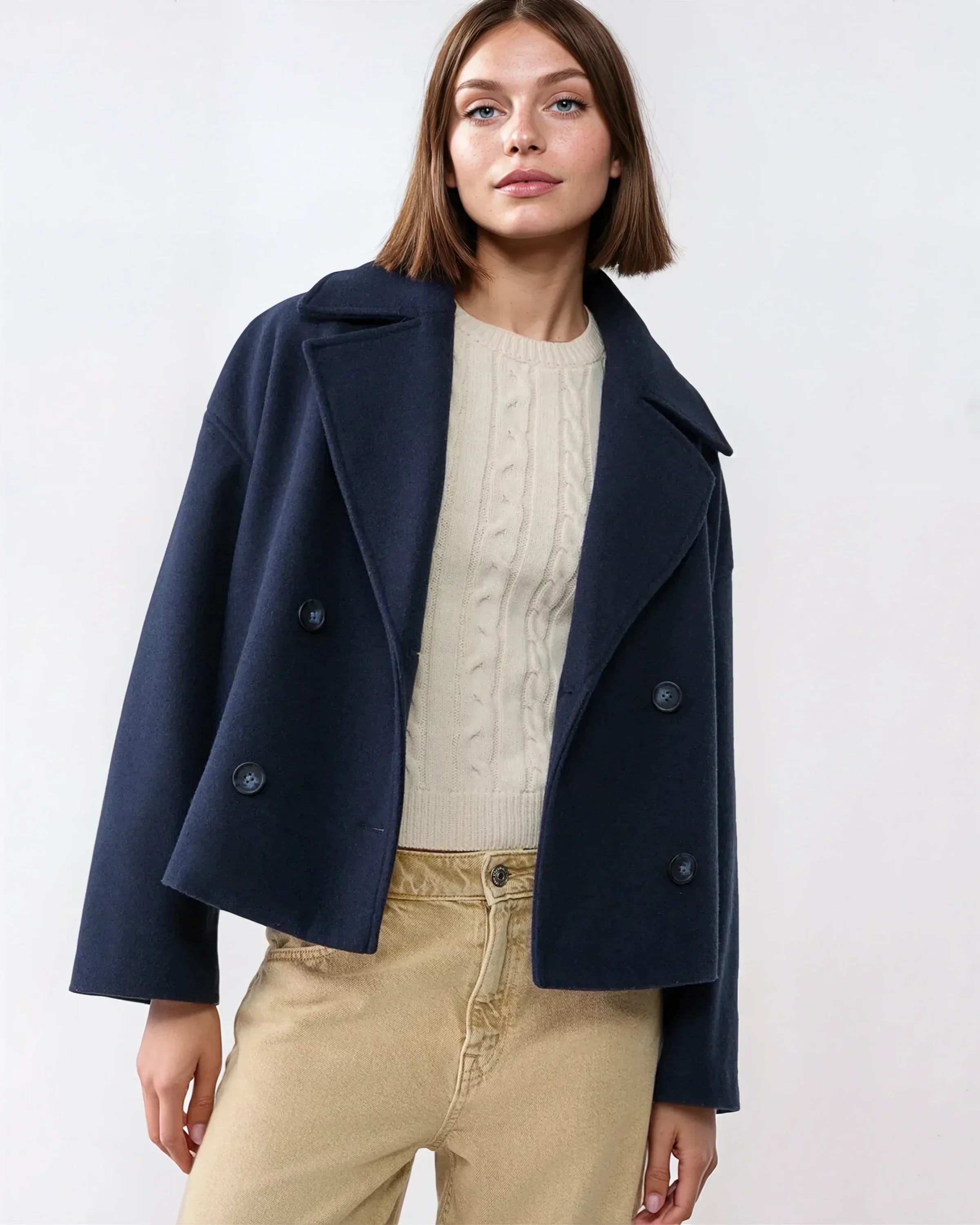 Aurélie Chaqueta de Lana para Mujer – Abrigo Corto Cruzado Elegante para Invierno