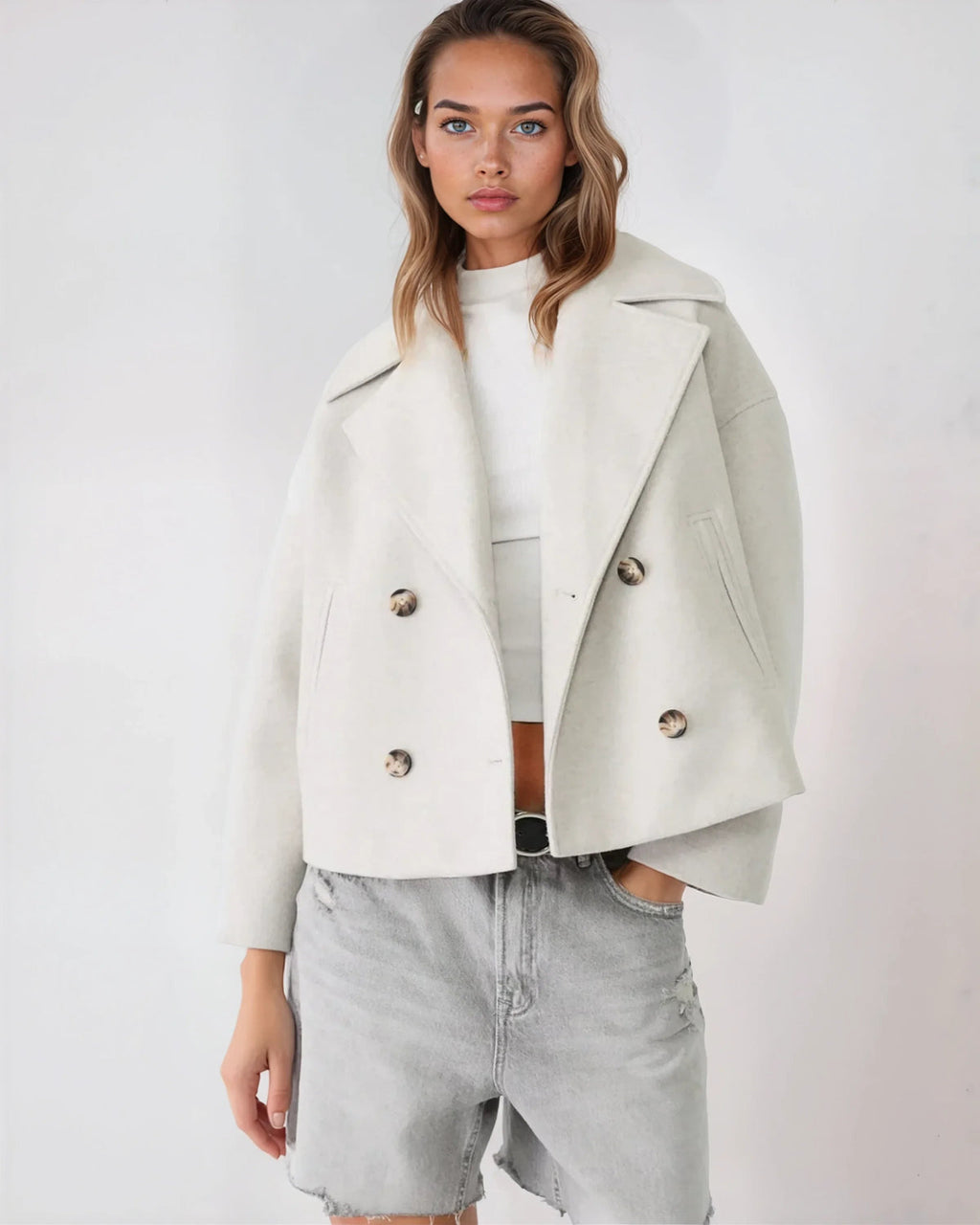 Aurélie Chaqueta de Lana para Mujer – Abrigo Corto Cruzado Elegante para Invierno