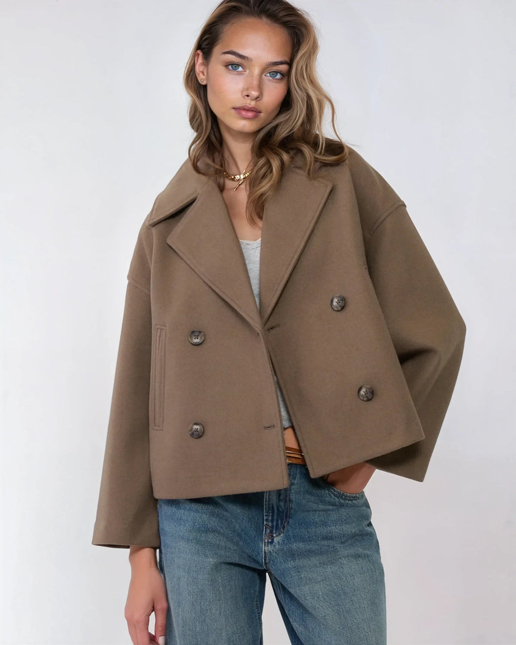 Aurélie Chaqueta de Lana para Mujer – Abrigo Corto Cruzado Elegante para Invierno