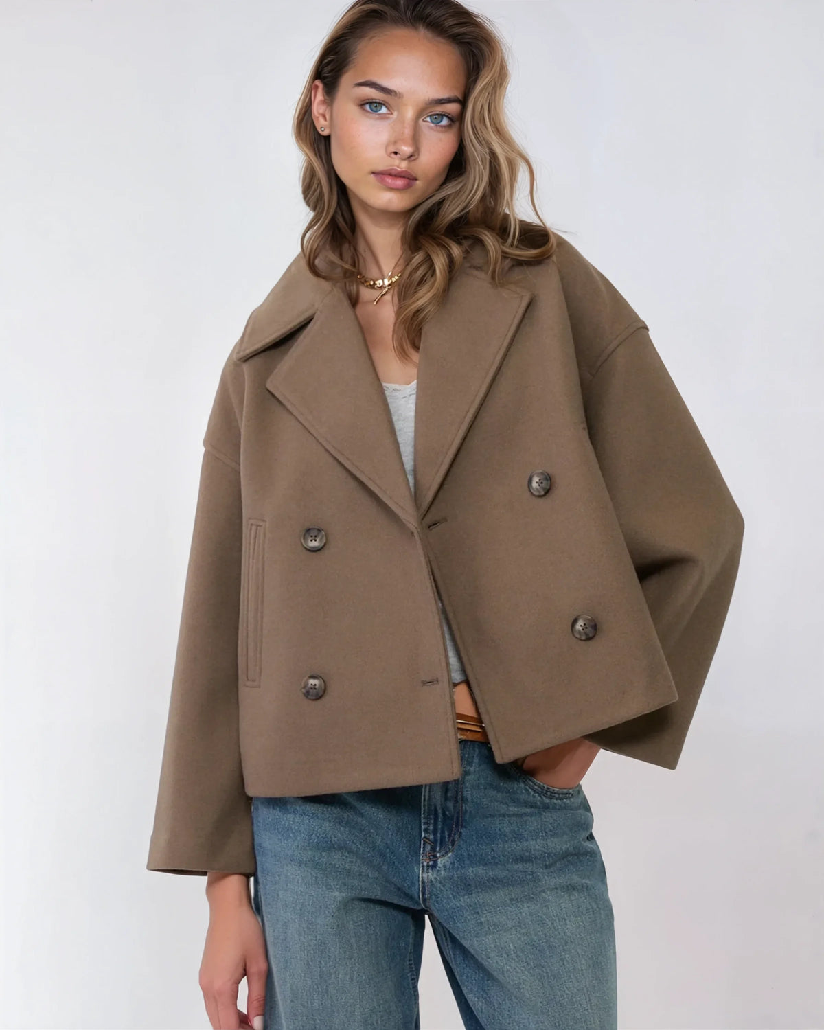 Aurélie Chaqueta de Lana para Mujer – Abrigo Corto Cruzado Elegante para Invierno