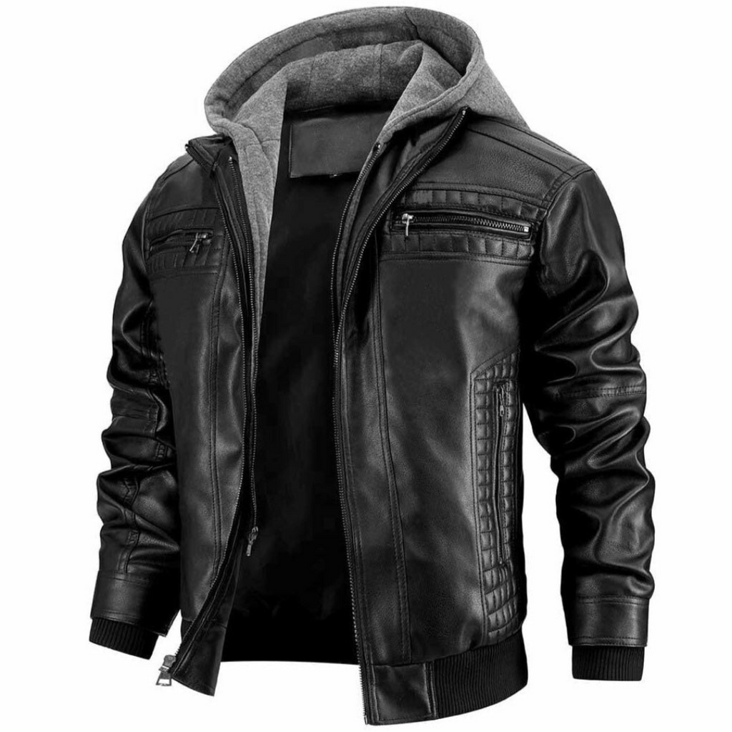 Chaqueta Moto de Cuero con Capucha para Hombre